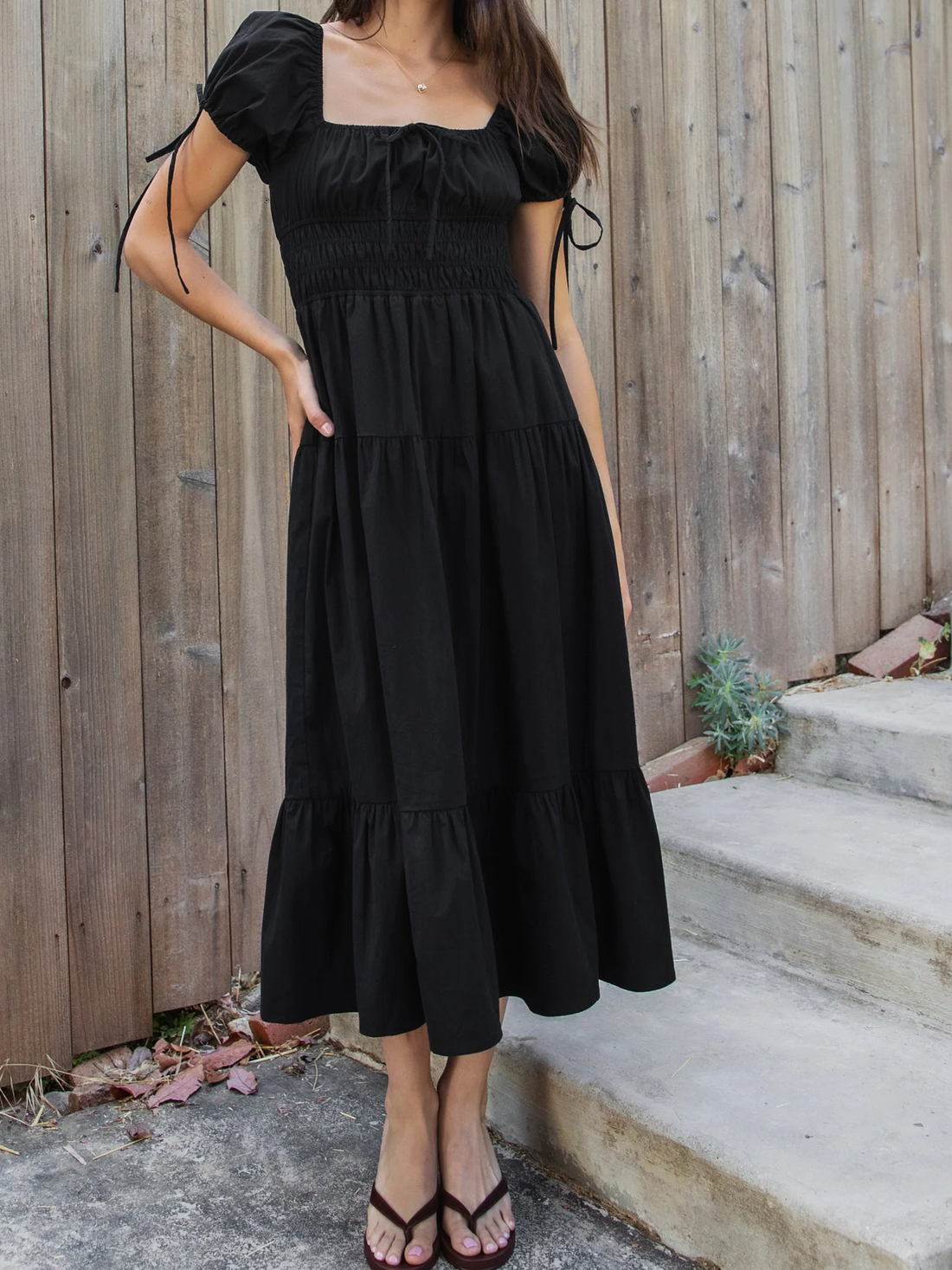 Square Neck Tie Detail Puff Sleeve Tiered Long Dress