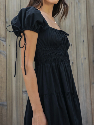 Square Neck Tie Detail Puff Sleeve Tiered Long Dress