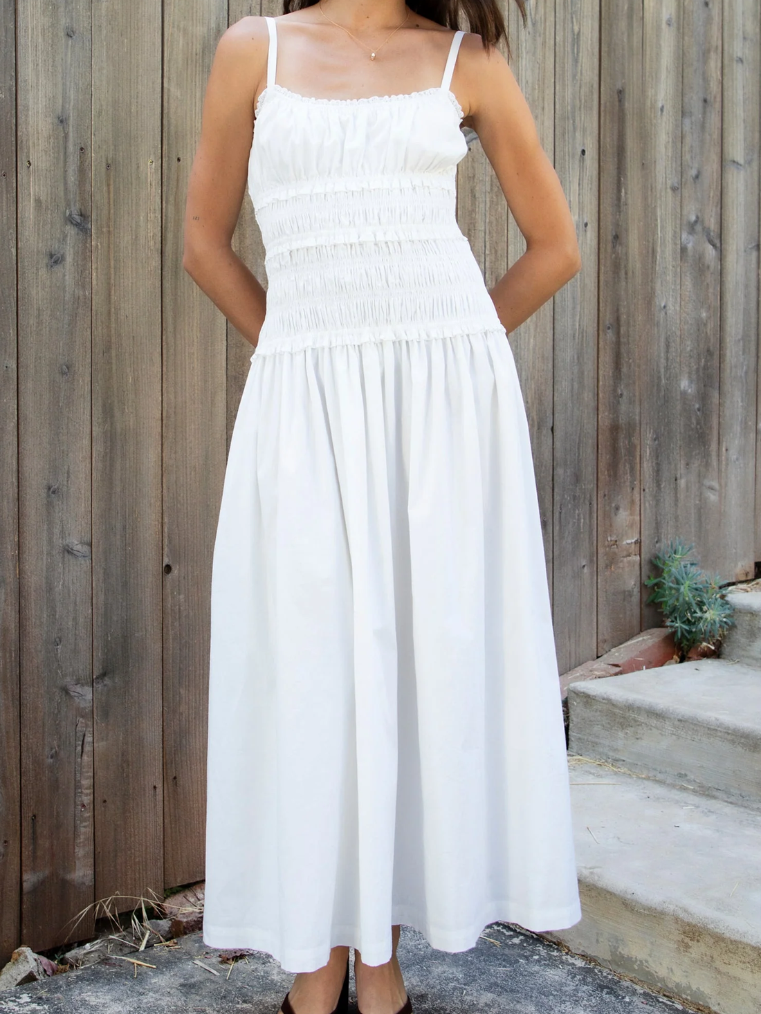 Square Neck Ruffle Smocked Adjustable Strap Long Dress