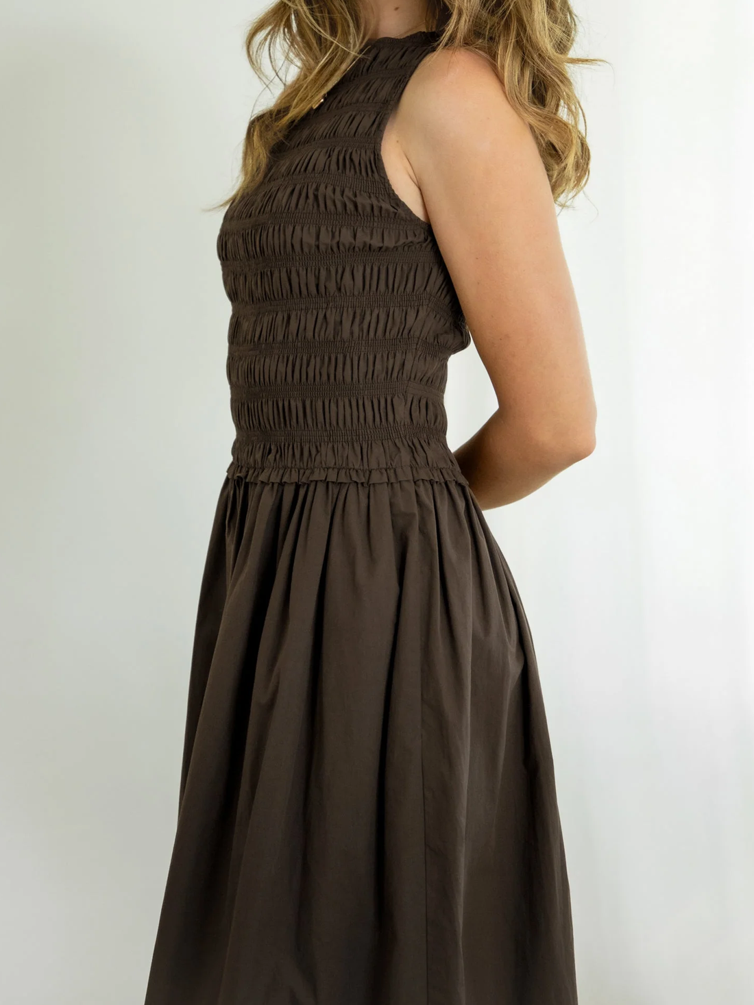 Sleeveless Boat Neck Smocked Flared Long Dress