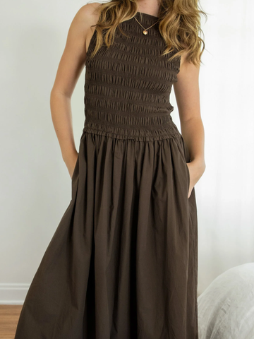 Sleeveless Boat Neck Smocked Flared Long Dress
