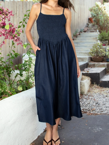 Adjustable Strap Back Bow Smocked Denim Long Dress