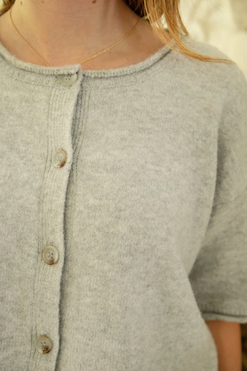 Grey Roll Neck Drop Shoulder Short Sleeve Knit Cardigan Top