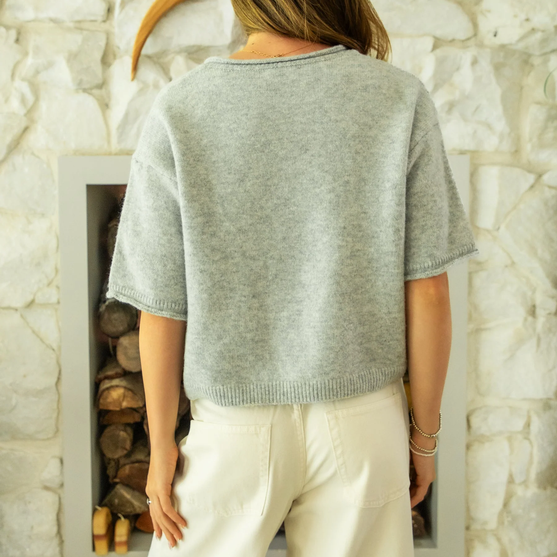 Grey Roll Neck Drop Shoulder Short Sleeve Knit Cardigan Top