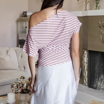 Blush Brown Striped Slash One Shoulder Ruched Waist Cropped Short Sleeve Top