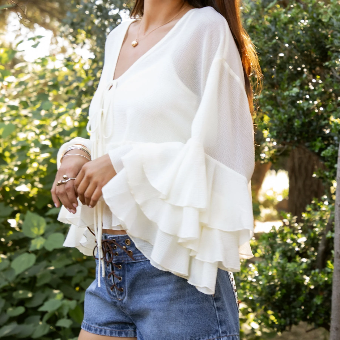 Cream V-Neck Front Tie Tiered Ruffle Sheer Chiffon Long Sleeve Ladies Top