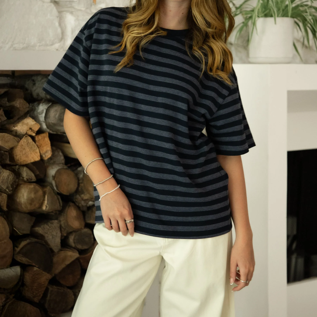 Navy Stripe Crew Neck Oversized Short Sleeve Top