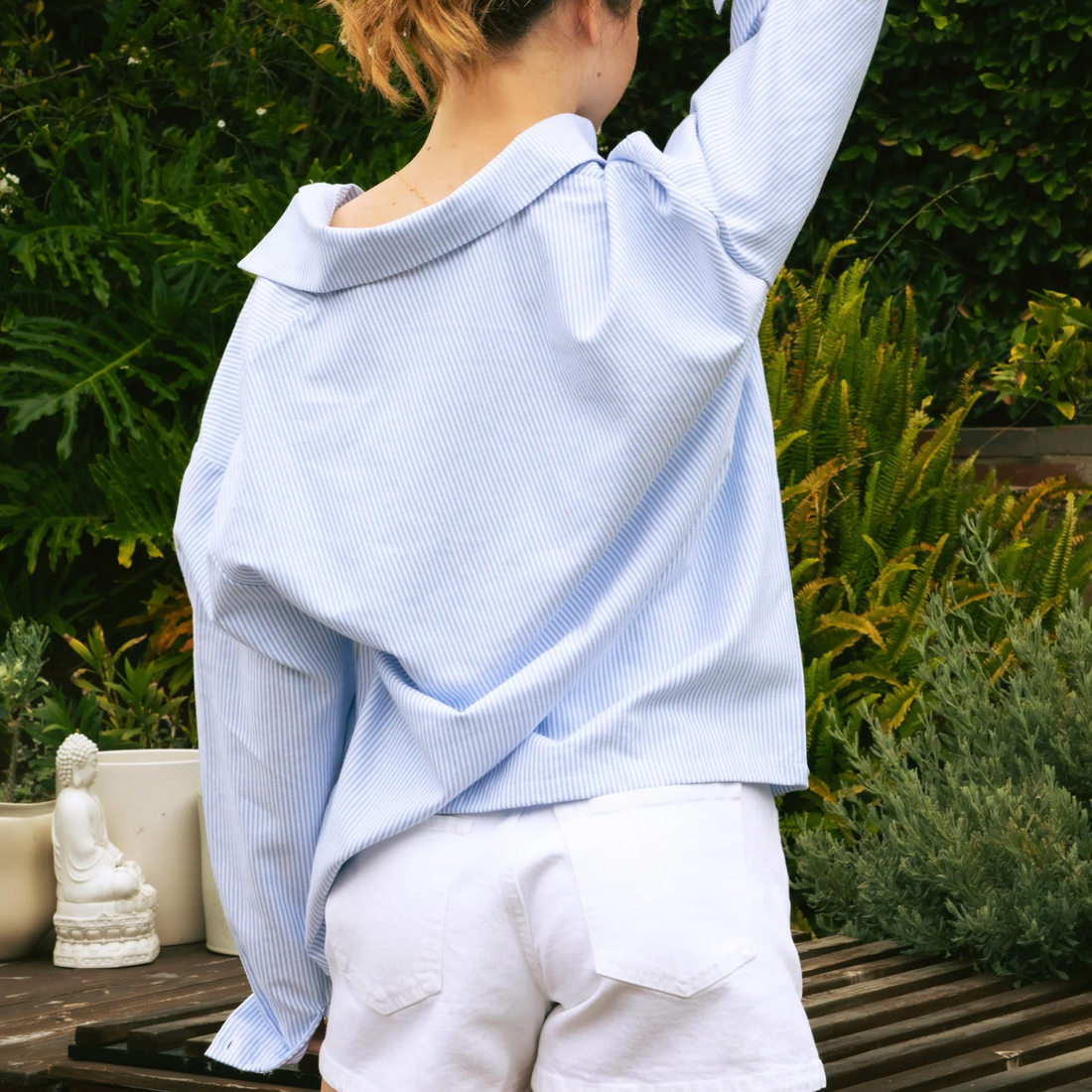 Blue Stripe Oversized Collared Long Sleeve Button Down Shirt