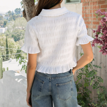 White Collared Smocked Button Front Ruffle Crop Short Sleeve Ladies Top