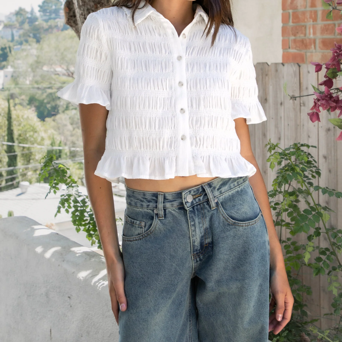 White Collared Smocked Button Front Ruffle Crop Short Sleeve Ladies Top