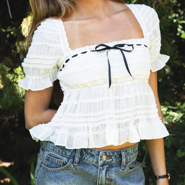 Cream Square Neck Pleated Ruched Chiffon Short Sleeve Ladies Top